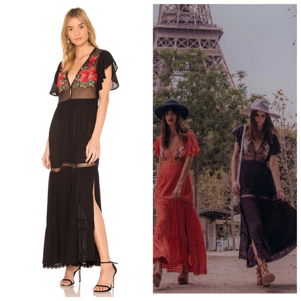 Cleobella Black Maxi Dress with Red Floral Embroidery